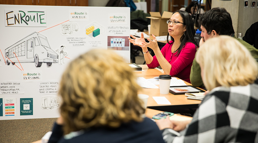 EDI students present solutions to Feeding America representatives.