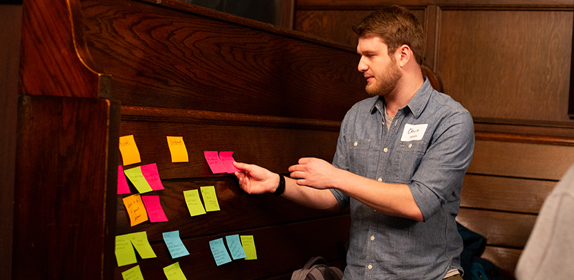 Chris Spaulding (EDI '20) engages in the design process during the event.
