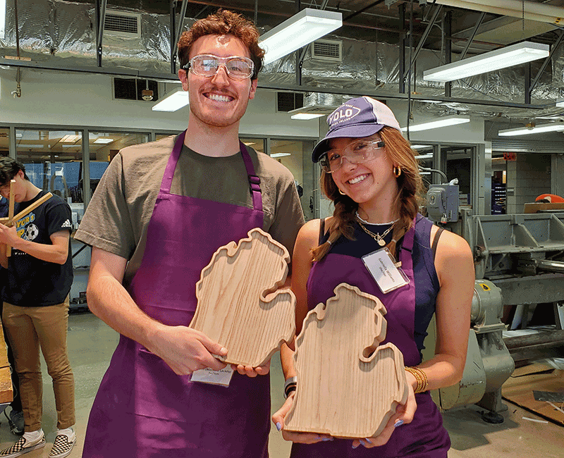 Classmates Gabriella Williams (MaDE ’24) and Ben Lankfer (MaDE ’24) created Michigan-shaped cheeseboards as Mother’s Day gifts for their final projects. 