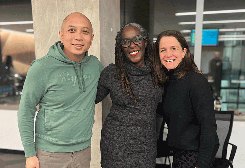 Pictured left to right: George Aye (Segal adjunct lecturer), Lesley-Ann Noel, and Liz Gerber (co-director and founder of the Center for Human-Computer Interaction + Design)