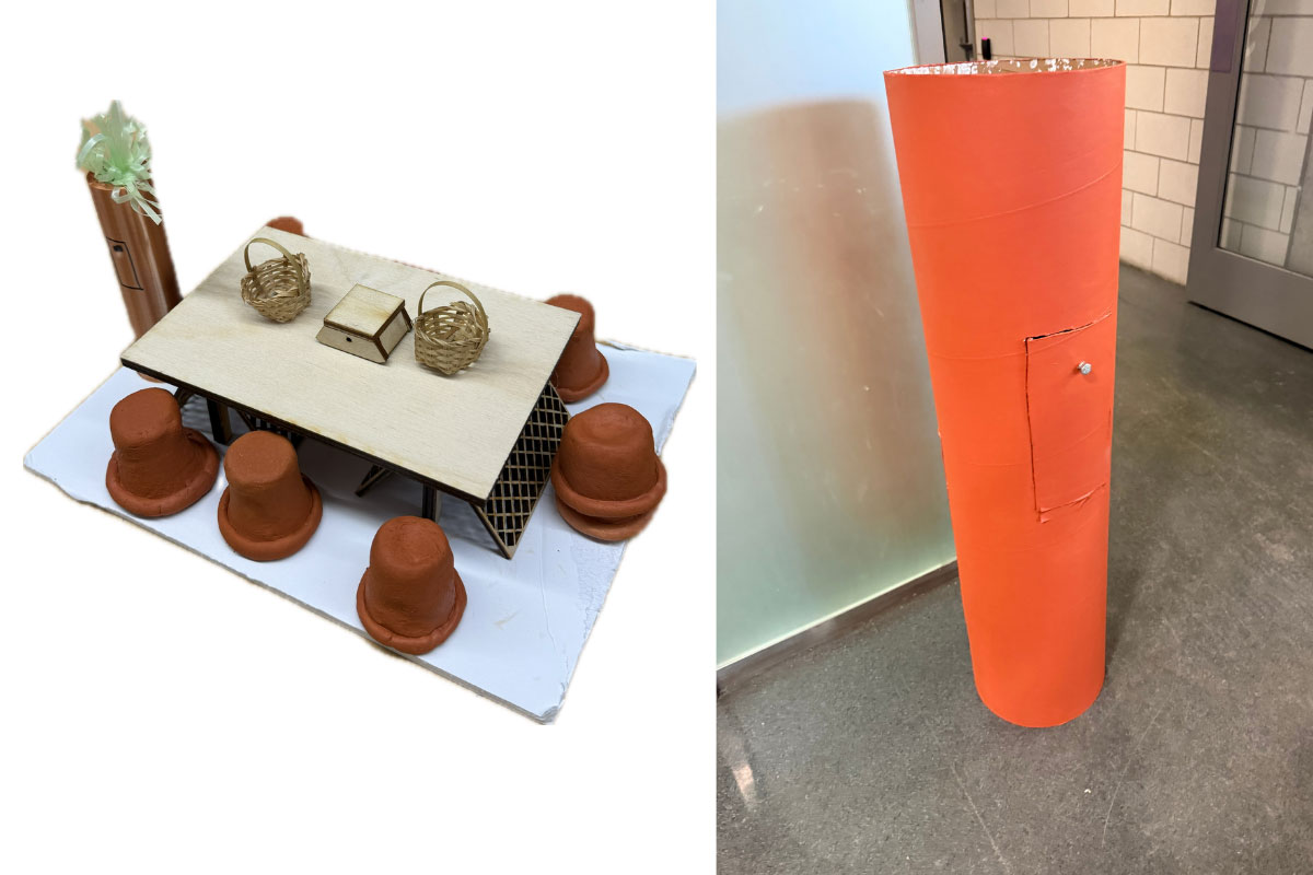 The team's final prototype included a mailbox modeled to look like a British Royal Mail Postbox, a table with overturned clay pots for stools, and paper formatted like letters to send to Peter Rabbit.