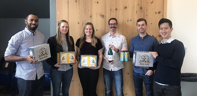  Marcus Patterson, Maggie Pool, Stephanie Baranovic, Michael Chapman, Eric Van Aelstyn, and Derek Tai at Half Acre Brewing Company (left to right).