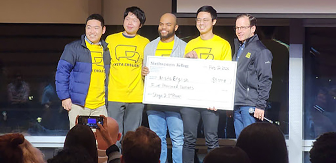Yutaka Kawabata, Evan Lai, Théry Badin, , and Yutaro Nishiyama earning top prize in the annual Kellogg Venture Challenge