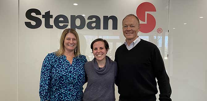 Dave Norberg (mpd² ‘07), Laura Schreiner (mpd² ‘13), and Emily Zarefsky (mpd² ‘24) at Stepan Company 